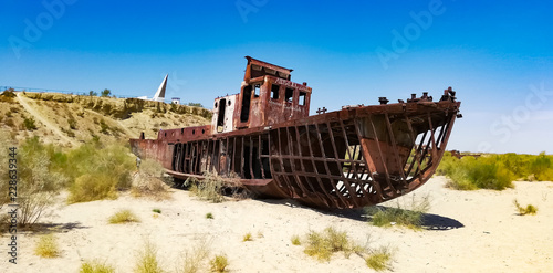 Boats cemetery around the Aral Sea. Rusty carcasses in the desert dunes where once there was water.