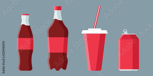Set of soda drinks in flat style with long shadow isolated on grey background. Collection of paper cup, plastic and glass bottles vector illustration.