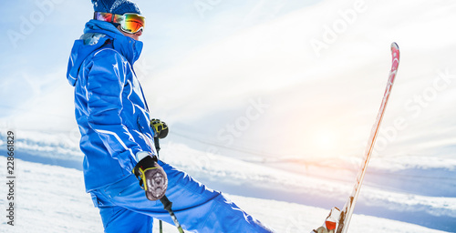 Male athlete skiing in snow mountains on weekend holidays