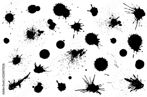 Set of black ink splashes and drops. Different handdrawn spray design elements. Blobs and spatters. Isolated vector illustration