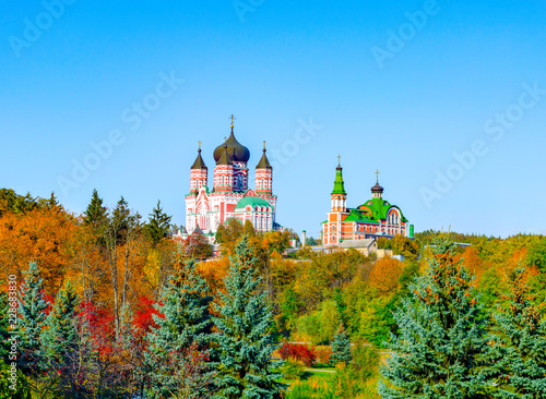 Panoramic view of Ukranian St. Panteleimon Orthodox monastery in autumn