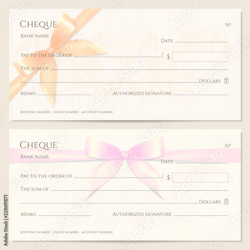 Check, Cheque (Chequebook template). Floral pattern with orange, pink bow, ribbon. Background for Gift Voucher, Gift certificate design, currency, Holiday bank note, Christmas Money coupon