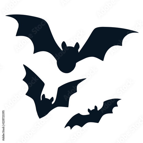 Halloween black bats flying silhouettes isolated on white. Simple bat icon vector cartoon illustration. Fall, Halloween. wildlife design element.