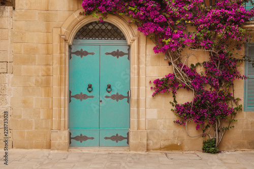 Ancient maltese house with blue wooden door and pink bougainvillea in the wall