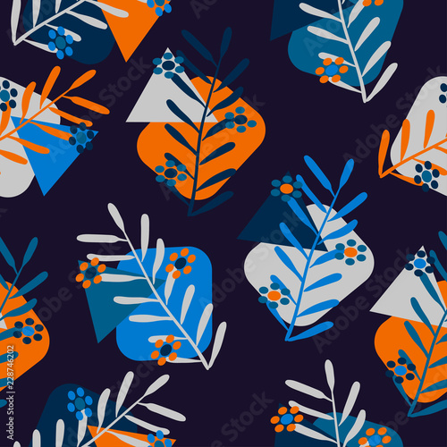 colorful leaves and flowers on a dark blue color