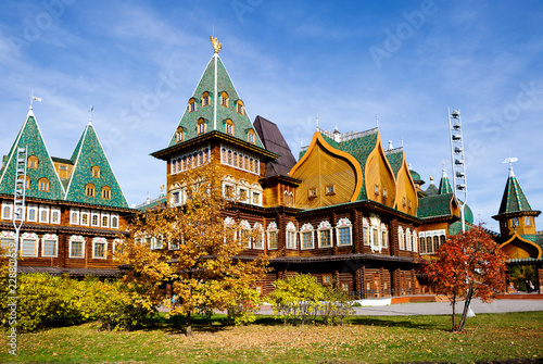 Moscow, Russia, wooden Palace of czar Alexey Mikhailovich in Kolomenskoye (reconstruction). It is a wooden Royal Palace built in the suburban village of Kolomenskoye in the 17th century. 