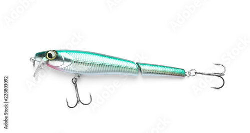 Fishing lure on white background, top view. Artificial bait