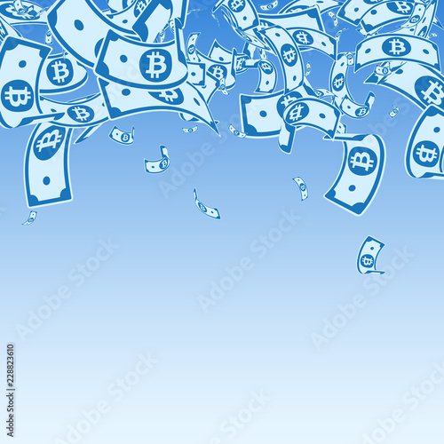 Bitcoin, internet currency notes falling. Messy BTC bills on blue sky background. Cryptocurrency, di