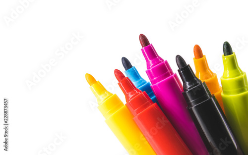 Colorful marker pen set on isolated background. Vivid highlighter and blank space for your design or montage.