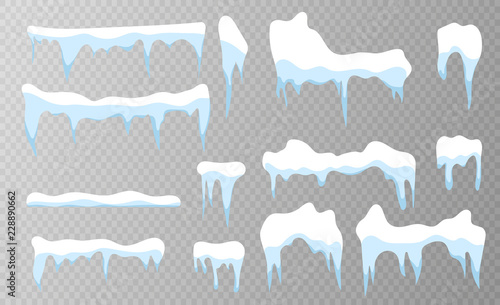 Set of snow icicles on transparent background. Snow elements on winter background. Vector illustration