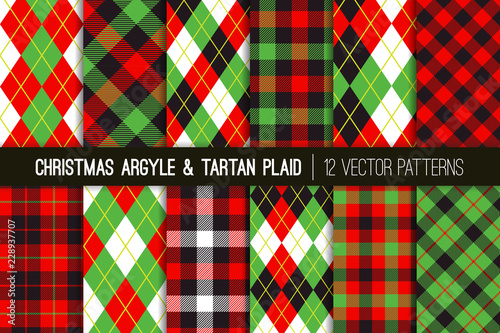 Christmas Argyle and Tartan Plaid Seamless Vector Patterns. Traditional Red, Green, Black,and White Winter Holiday Backgrounds. Vector Pattern Tile Swatches Included.