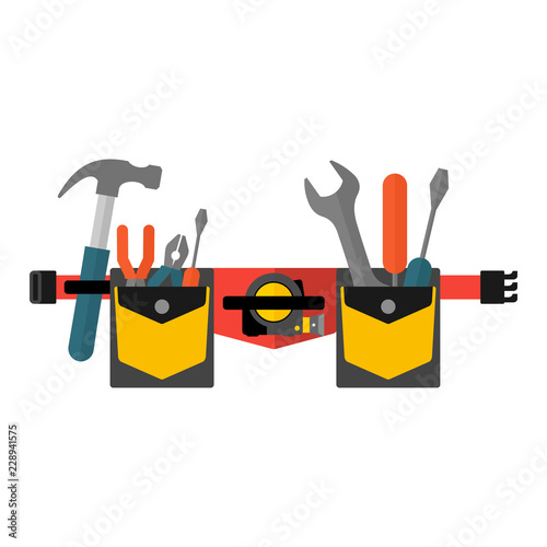 Belt with tools. Conceptual image of tools for repair, construction and builder. Concept image of work wear. Cartoon flat vector illustration. Objects isolated on a background.