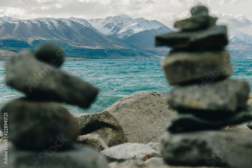 Zen rocks on Lake Tekapo in South Island, New Zealand