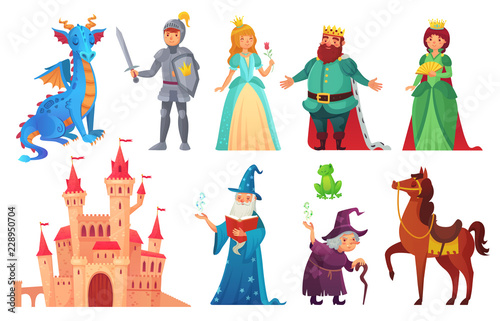 Fairy tales characters. Fantasy knight and dragon, prince and princess, magic world queen and king isolated cartoon vector set