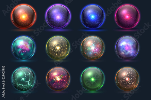 Magic balls. Energy mysterious orbs, magical crystal glass prediction paranormal sphere. Vector set of color sphere crystal, glass magic ball illustration