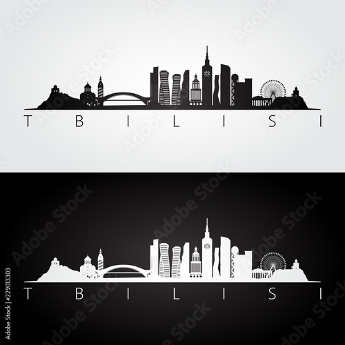 Tbilisi skyline and landmarks silhouette, black and white design, vector illustration.