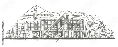 Construction/building process illustration. Building house stages, phases. Drawing. Vector. Isolated.