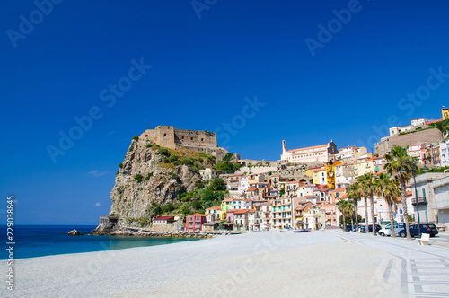 Beautiful town Scilla with medieval castle on rock, Calabria, Italy