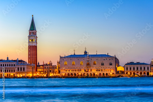 Night view of piazza San Marco, Doge's Palace (Palazzo Ducale), Campanile in Venice, Italy. Architecture and landmark of Venice. Night cityscape of Venice.