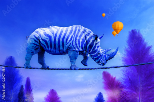 Blue Rhino walking on rope