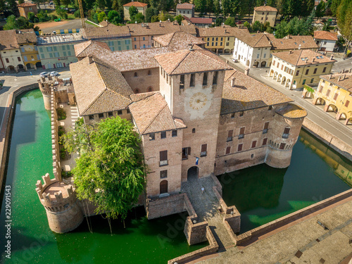 Aerial view of Fontanellato castle with green water in the moat near Parma Italy