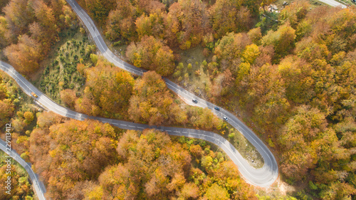 autumn mountain zigzag road view from above