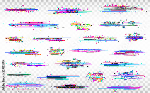 Glitch elements set. Color distortions on transparent background. Abstract digital noise. Error collection. Modern glitch templates. Pixel design. Vector illustration