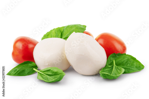 Mozzarella cheese with cherry tomatoes and basil on a white background