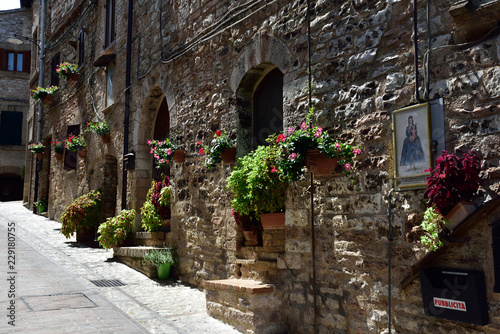 Floral streets of Spello in Umbria, Italy.
