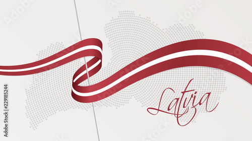 Wavy national flag and radial dotted halftone map of Latvia