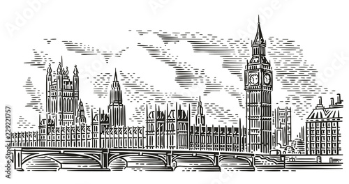 London Cityscape Vector Illustration, engraving style. Westminster Palace, Westminster Bridge, Elizabeth tower (Big Ben). Isolated. (Sky background in separate layer). 