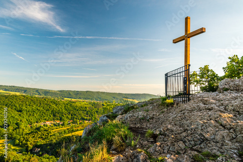 Svaty Jan pod Skalou summit cross at sunrise, Beroun District, Central Bohemian Region, Czech Republic