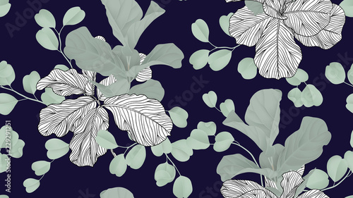 Floral seamless pattern, green fiddle leaf fig plant and Silver Dollar Eucalyptus leaves on dark blue background, pastel vintage theme