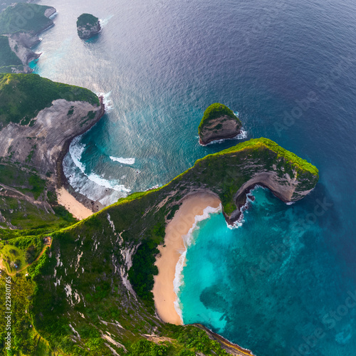 Aerial view of the Kelingking beach located on the island of Nusa Penida, Indonesia