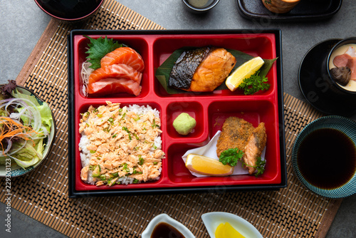 japanese bento set with teriyaki salmon and tempura