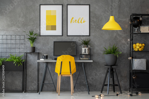 Stylish yellow and grey home office with industrial furniture and urban jungle, real photo with posters on concrete wall