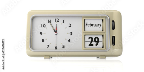 Leap Day 29 February on old retro alarm clock, white background, isolated, 3d illustration.