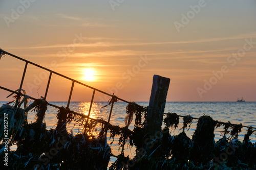 Silhouette of a metal structure with plastic waste and seaweed in front of the sea and sunset 