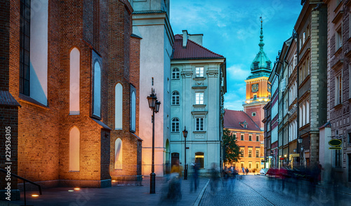 Royal Castle, ancient townhouses in old town in Warsaw, Poland. Night view, long exposure.