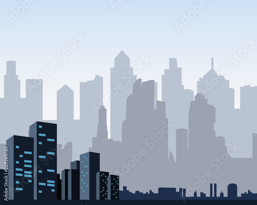 Background for banner big town or design template. Multilayer Silhouette of a night city. The center of the town - Vector illustration.
