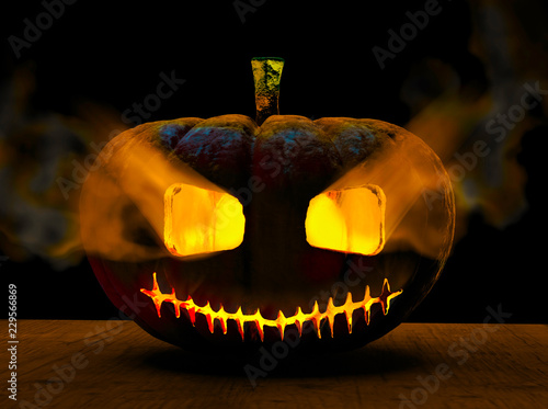 Zucca di halloween appoggiata su un tavolo di legno, 3d rendering