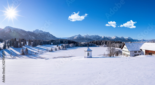 Winterlandschaft im Allgäu am Forggensee vor den Bergen