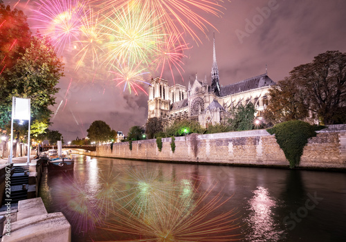 Notre Dame cathedral over the Seine river illuminated at night with fireworks, Paris, France