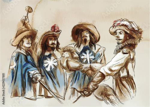 The Three Musketeers. An hand drawn illustration. Freehand drawing, painting. Vector