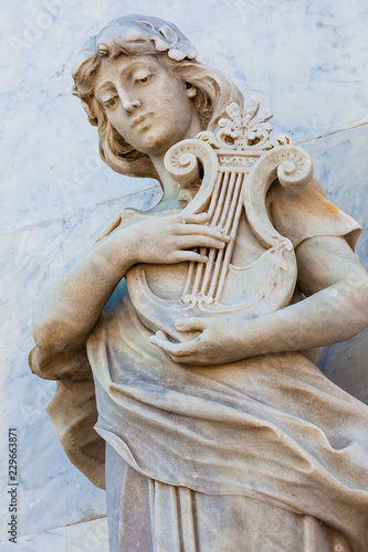 Terpsichore muse statue at the facade of the Adolfo Mejia theater in Cartagena de Indias