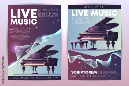 Classical or jazz music festival, symphonic orchestra live concert, piano virtuoso performance modern design promo poster, flyer cartoon vector vertical template with grand piano on stage illustration