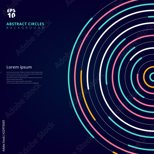 Abstract template colorful lines bright circles pattern on dark background.