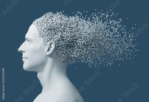 Desintegration On 3D Pixels Of Man's Head On Blue Background