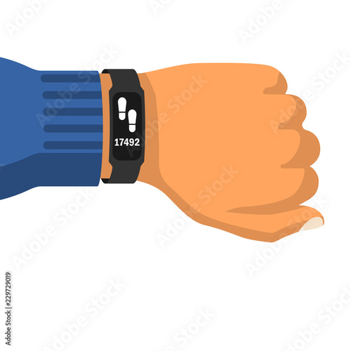 Fitness tracker on hand. Sport accessories smart band. Pedometer with activity indicator. Heartbeat pulse meter. Sport bracelet. Vector illustration flat design. Isolated on white background.