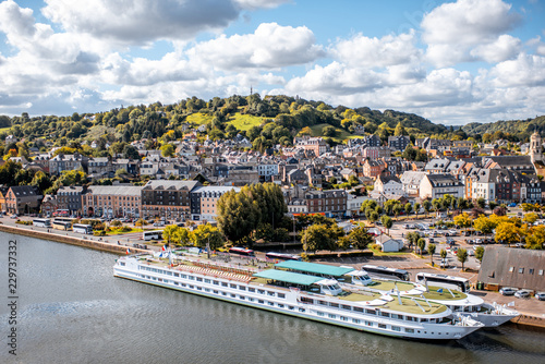 Aerial view on the port and old town of Honfleur, famous french city in Normandy